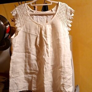 Sunflower Blouse Sleeveless Lace Shoulders Scoop Neck Italy Linen White Small